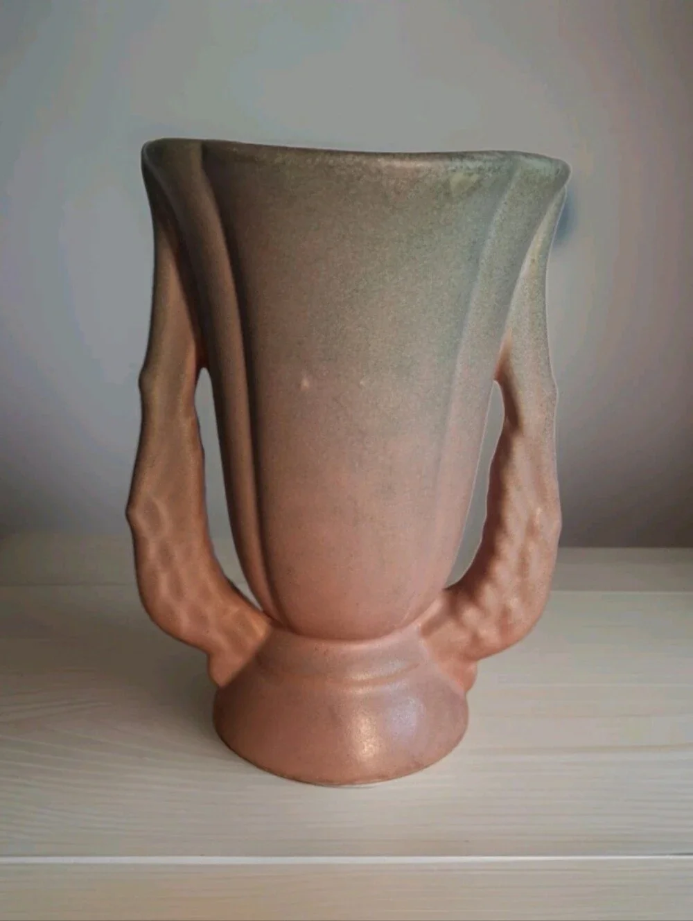 Vintage Niloak Art Pottery Wing Handled Vase Blue, Pink